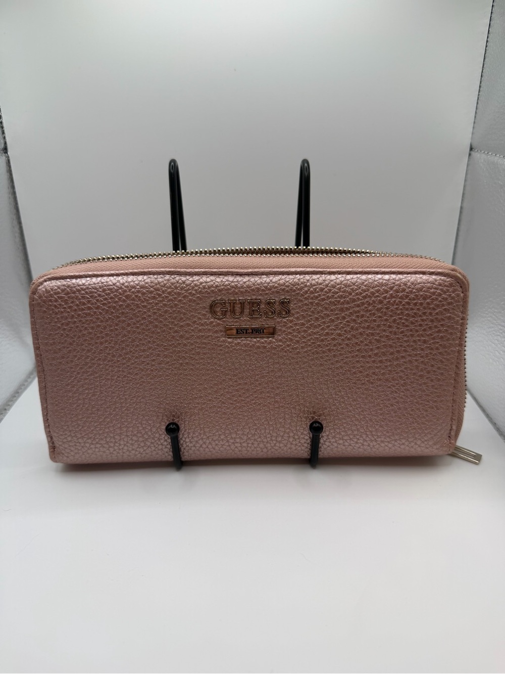 GUESS Metallic Rose Gold Zip Wallet with Logo Plate
